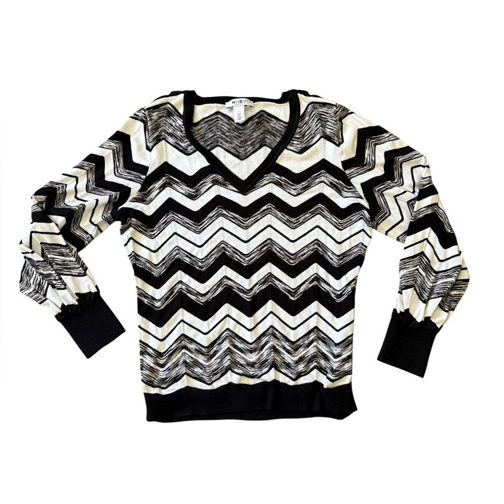 White House Black Market Black White Chevron Sweater Size L Stretch Vneck